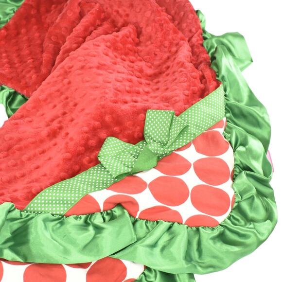 Christmas Baby Blanket Red Dots with Green Satin Border NEW - Picture 2 of 8